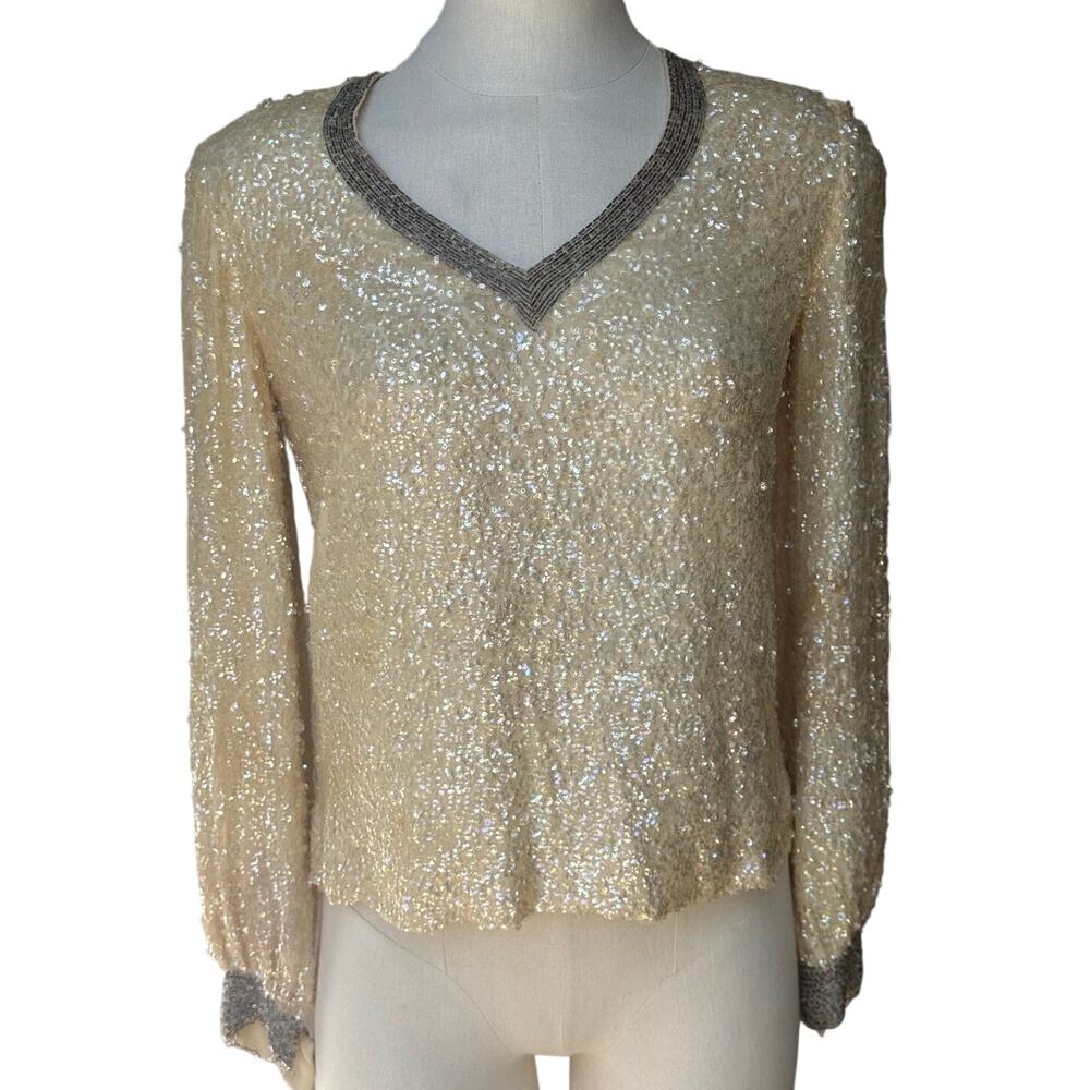 Vintage 1960s Ivory Sequin V-Neck Top Beaded Trim Bridal Cocktail Blouse Size S